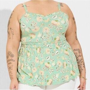 Torrid Babydoll Super Soft Slub Ruffle Sweetheart Tank Size 1X Green Floral